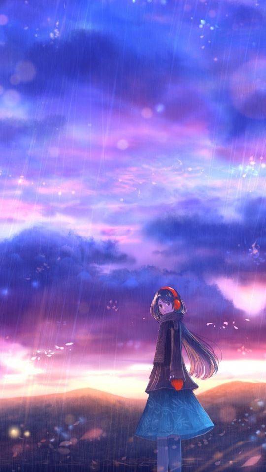 Rain, clouds, colorful, sky, anime girl, 540x960 wallpaper