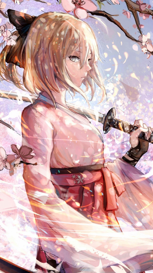 Download wallpaper 540x960 sakura saber, katana, cherry blossom, anime ...