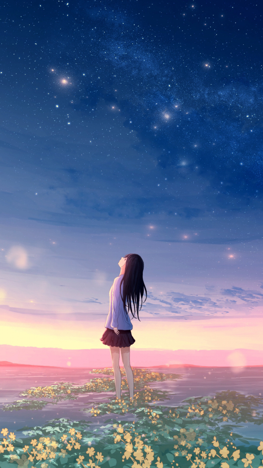 Download wallpaper 540x960 original, sunset, landscape, anime girl ...