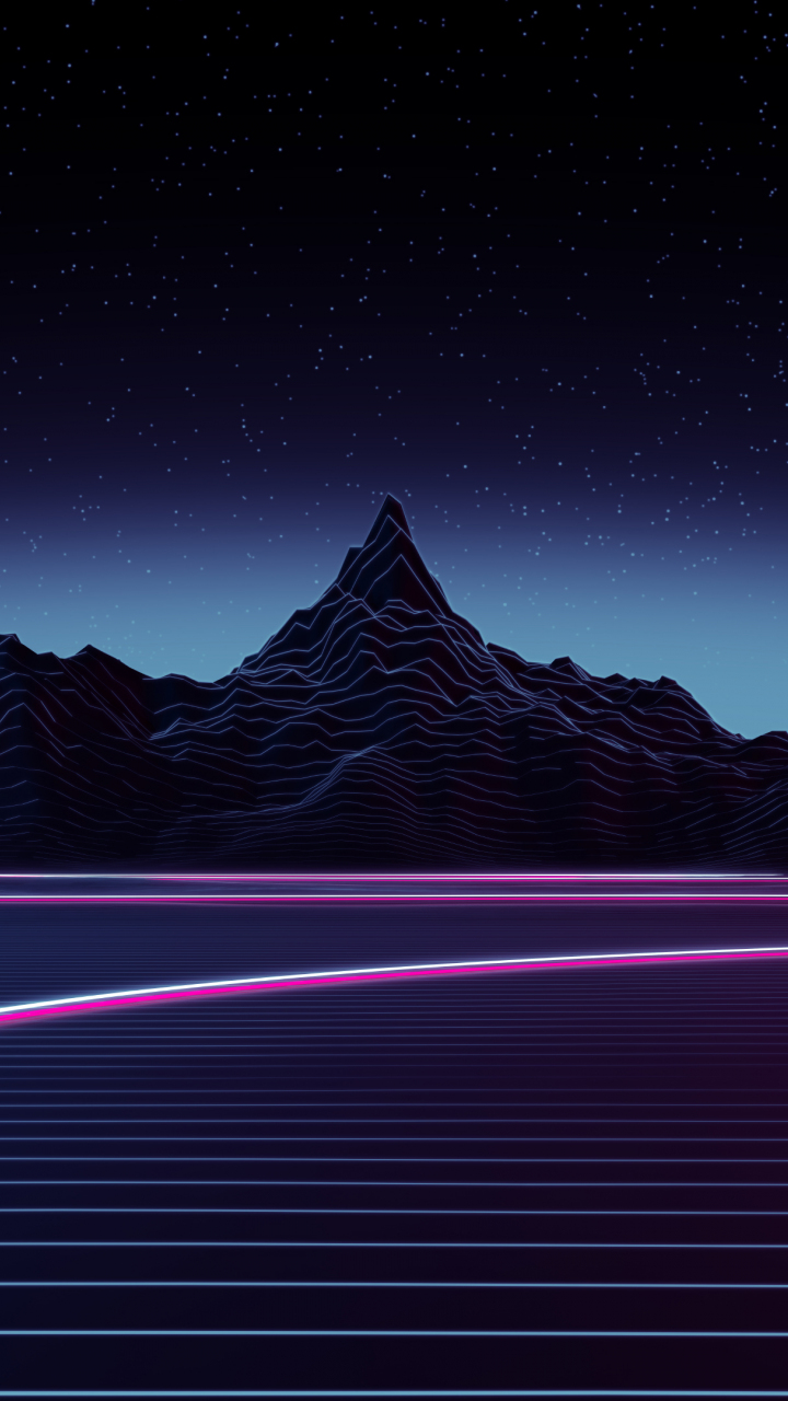 Retrowave art, dark mountains, 720x1280 wallpaper