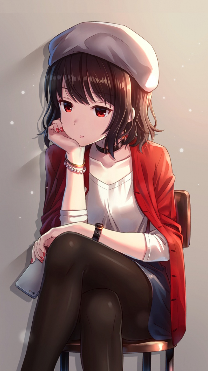 Download 720x1280 Wallpaper Red Eyes Cute Anime Girl Sit