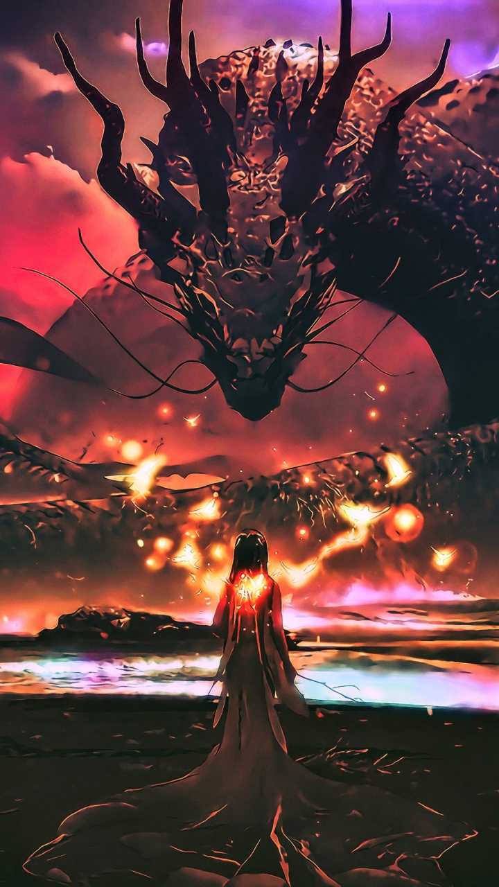 Download 720x1280 wallpaper dragon, sea monster, woman, fantasy, art
