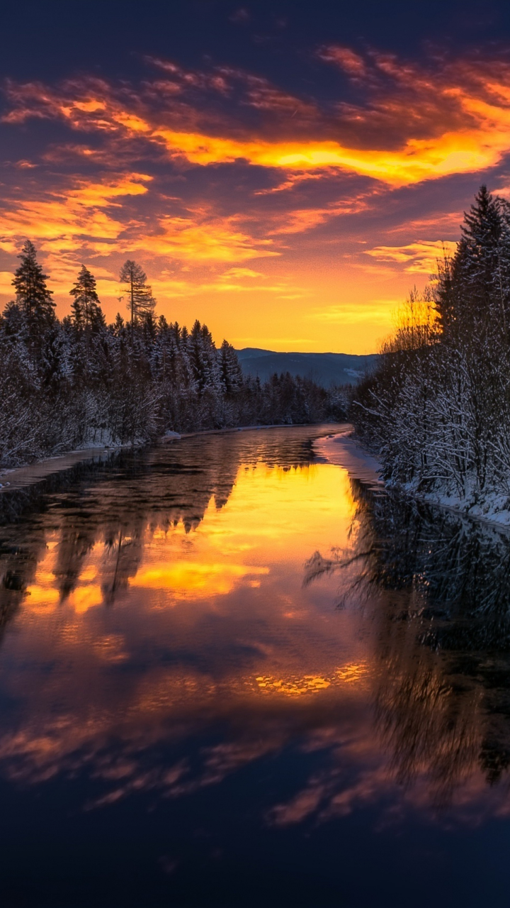 River, trees, winter, sunset, nature, 720x1280 wallpaper