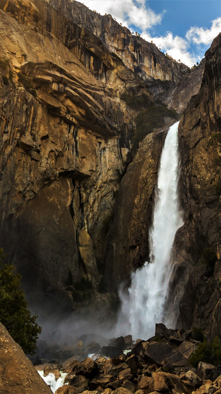 Download wallpaper 720x1280 yosemite falls, national park, rocks, river ...