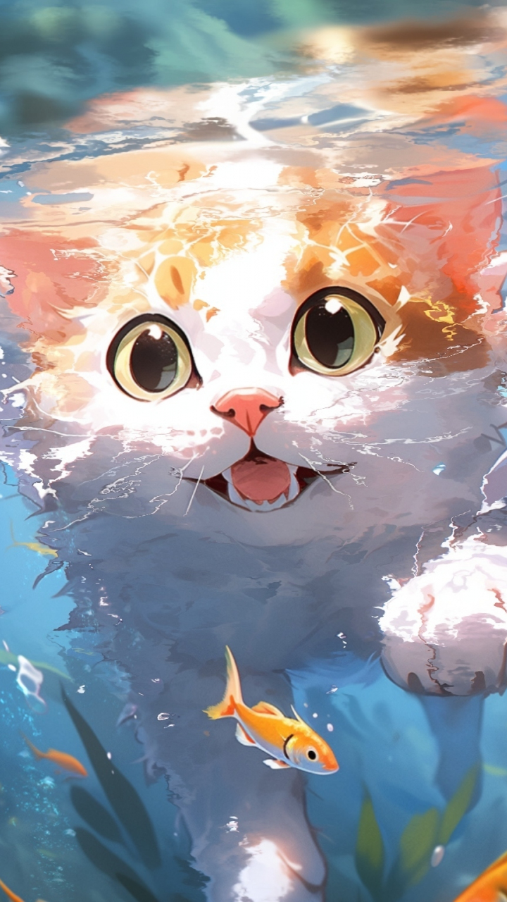 Cute kitten, swim underwater, art, 720x1280 wallpaper