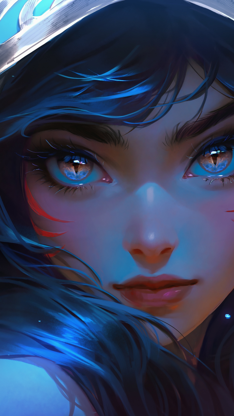 Glowing eyes of cute girl, in hood, 2023, 750x1334 wallpaper
