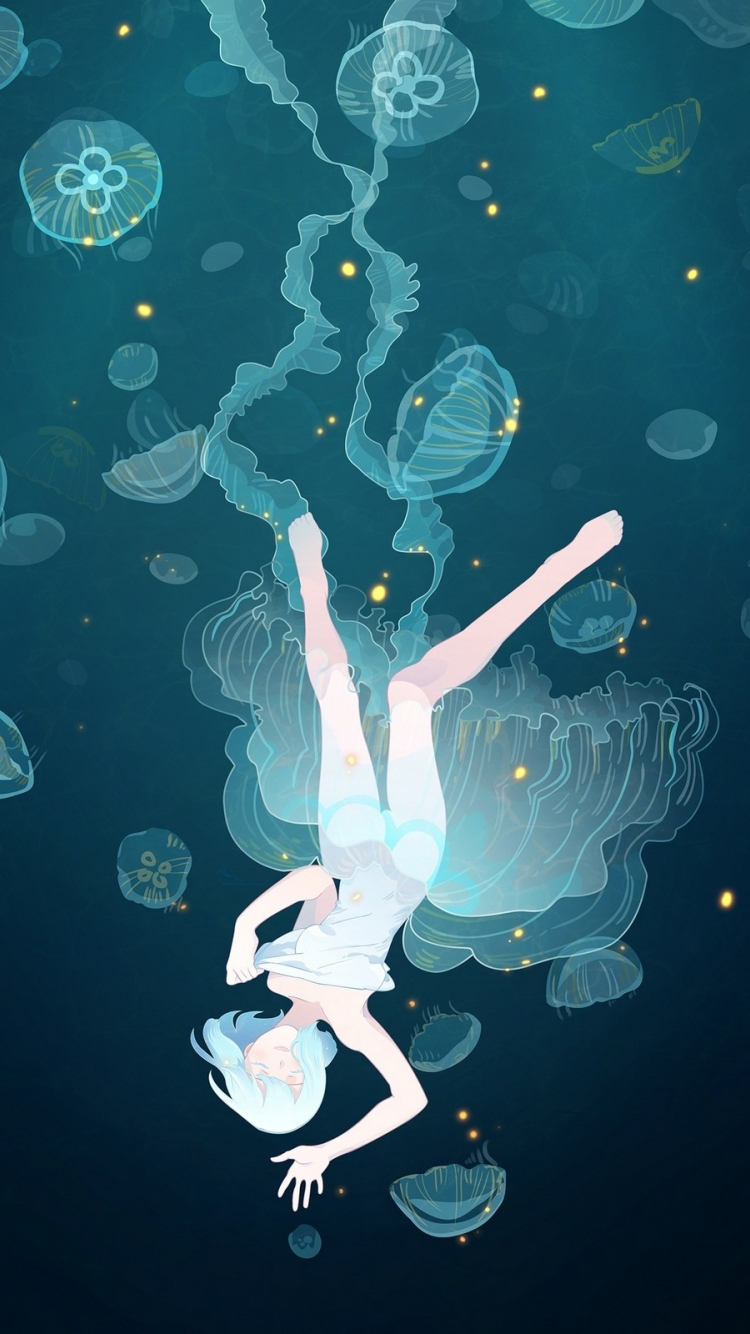 Download wallpaper 750x1334 underwater, dive, anime girl, jellyfish, iphone  7, iphone 8, 750x1334 hd background, 2134