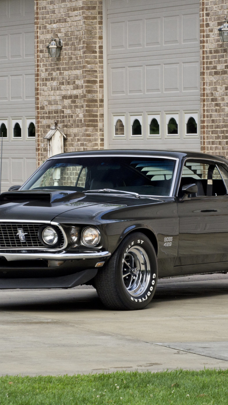 Download wallpaper 750x1334 black, 1969 ford mustang boss 429, iphone 7,  iphone 8, 750x1334 hd background, 9823