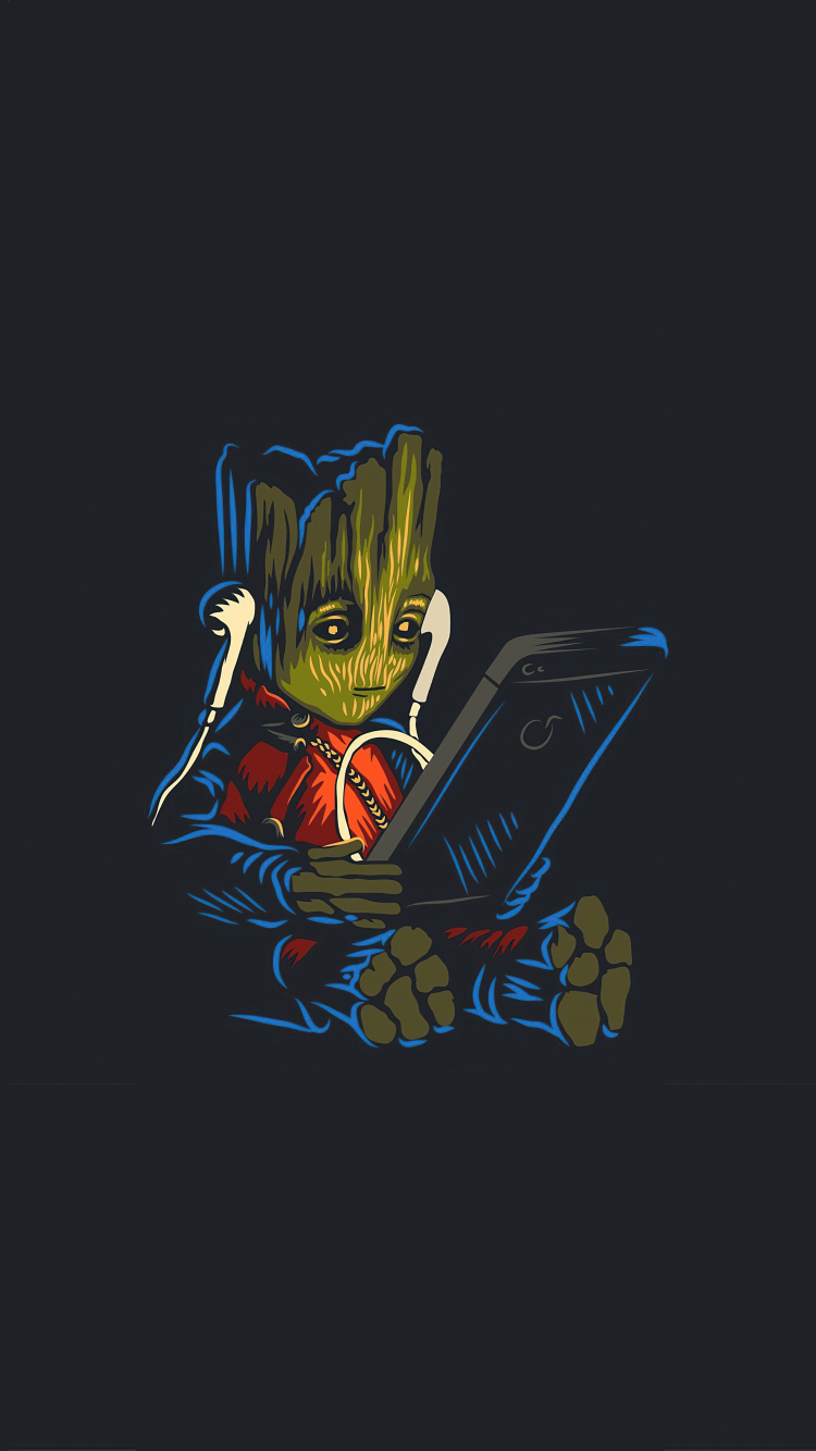 Download wallpaper 750x1334 baby groot, listening music on phone, fan art,  iphone 7, iphone 8, 750x1334 hd background, 26389