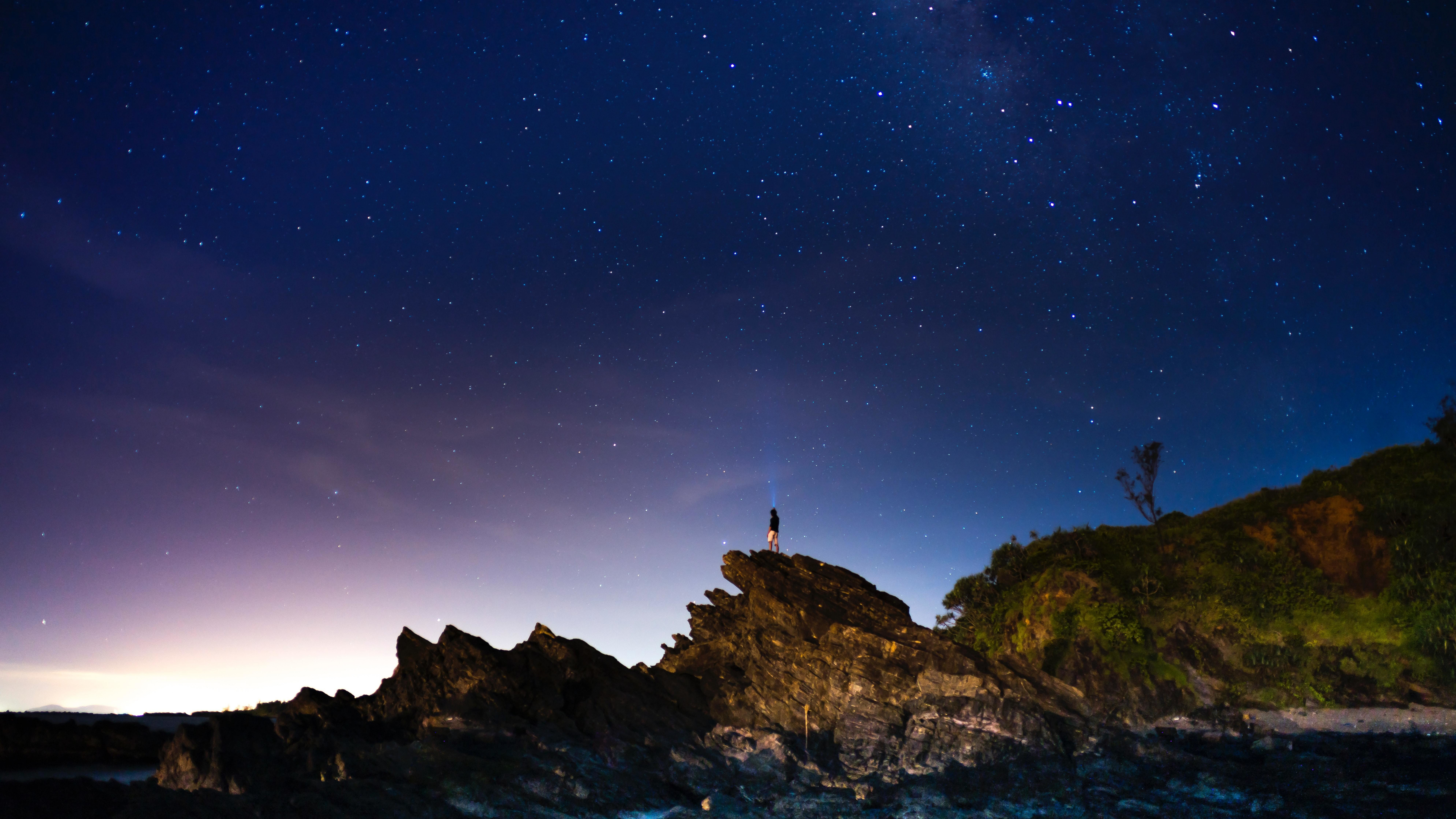 Download wallpaper 7680x4320 coast, man, starry and clean sky 8k wallpaper, 7680x4320  8k background, 21063
