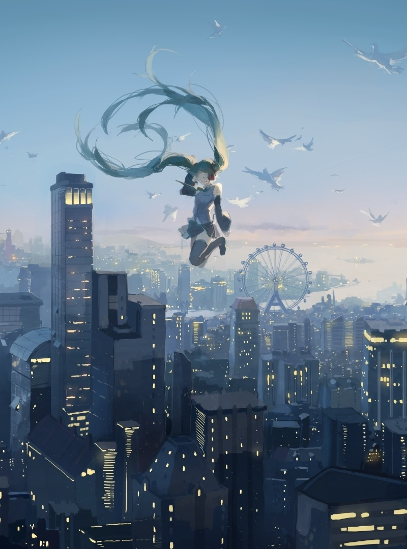 Download wallpaper 800x1280 jump, anime girl, hatsune miku, cityscape ...