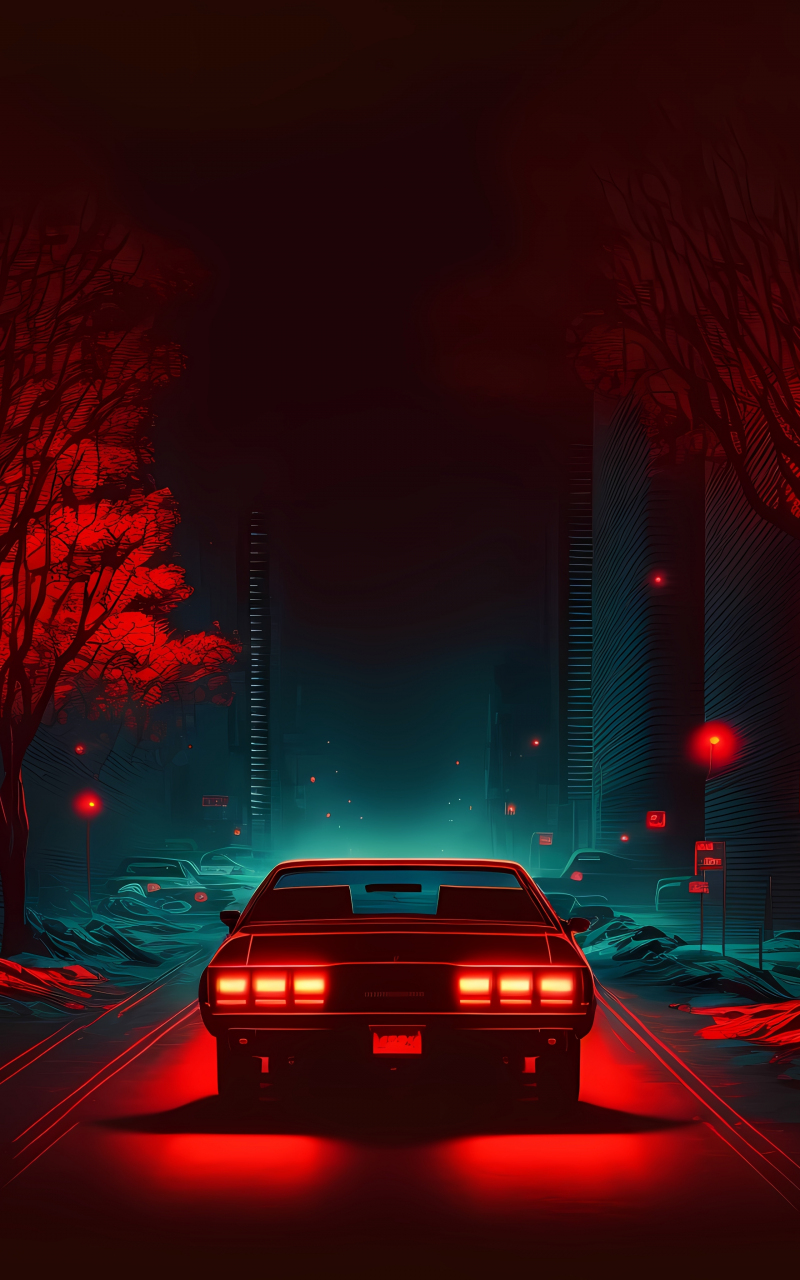 Red car on road, dark and minimal, digital art, 800x1280 wallpaper