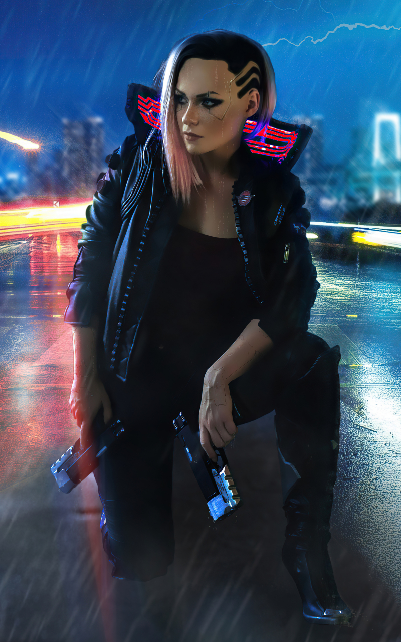 Girl and gun, video game, cyberpunk 2077, 800x1280 wallpaper