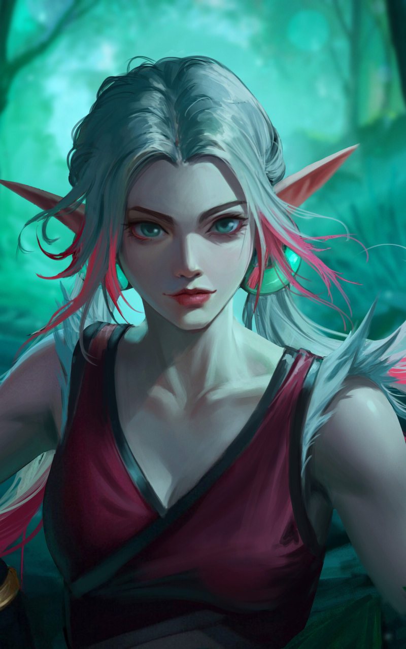 Beautiful elf girl, white-pink hair, fantasy, 800x1280 wallpaper
