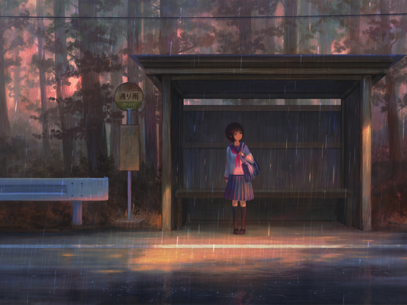 School girl, waiting for bus, rain, outdoor, 800x600 wallpaper