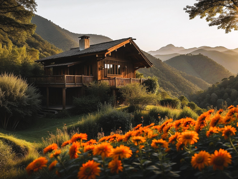 Wooden house in jungle, flowers, spring, 800x600 wallpaper