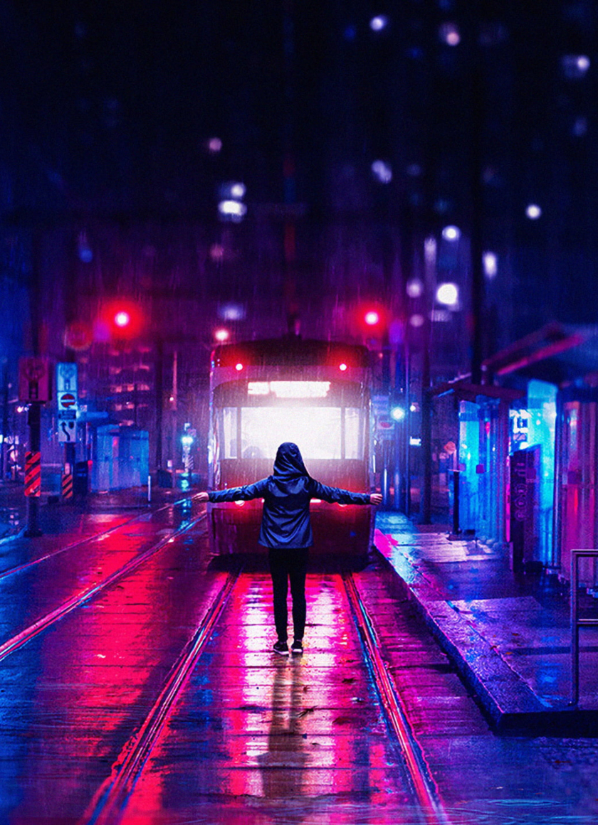 Download Vaporwave Woman At Railroad Night City Lights Art 840x1160 Wallpaper Iphone 4 Iphone 4s Ipod Touch 840x1160 Hd Image Background