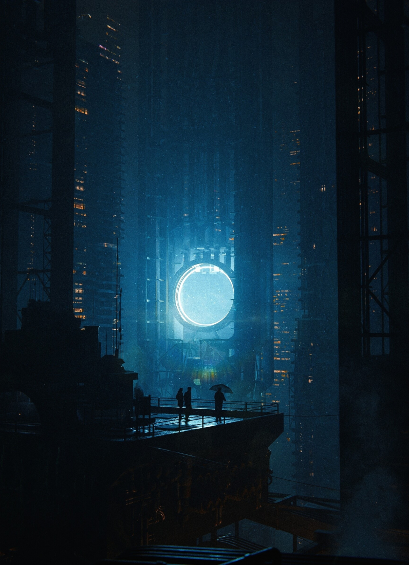 Tall buildings, glowing portal, cyberpunk, 840x1160 wallpaper