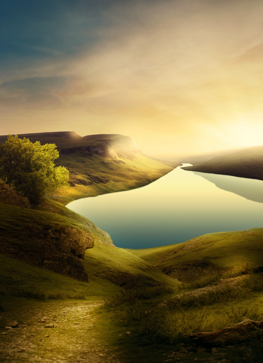 Download wallpaper 840x1160 mountains, lake, hills, landscape, sunset