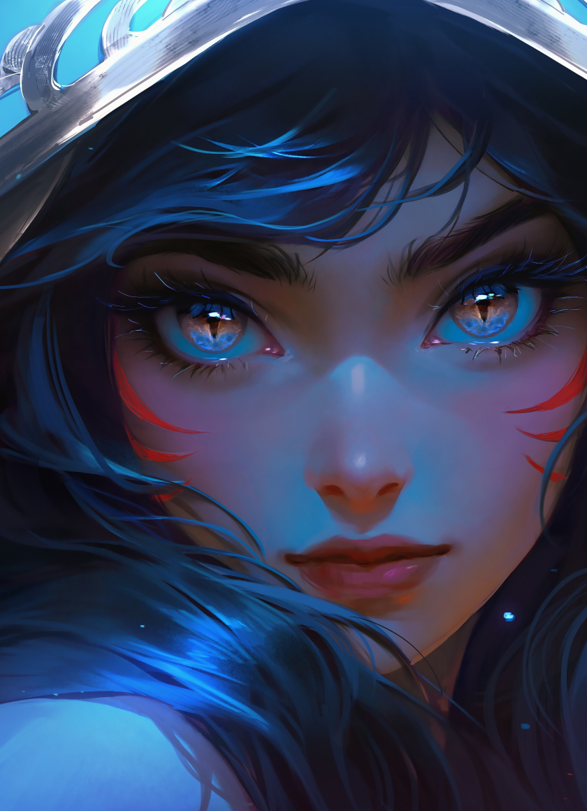 Glowing eyes of cute girl, in hood, 2023, 840x1160 wallpaper