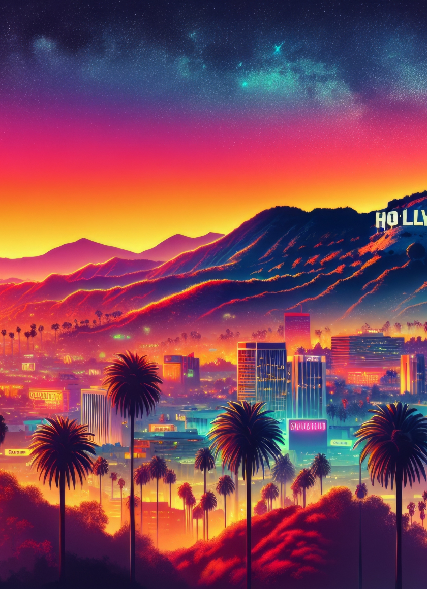 Download wallpaper 840x1160 hollywood's sunset vibes, city, artwork ...