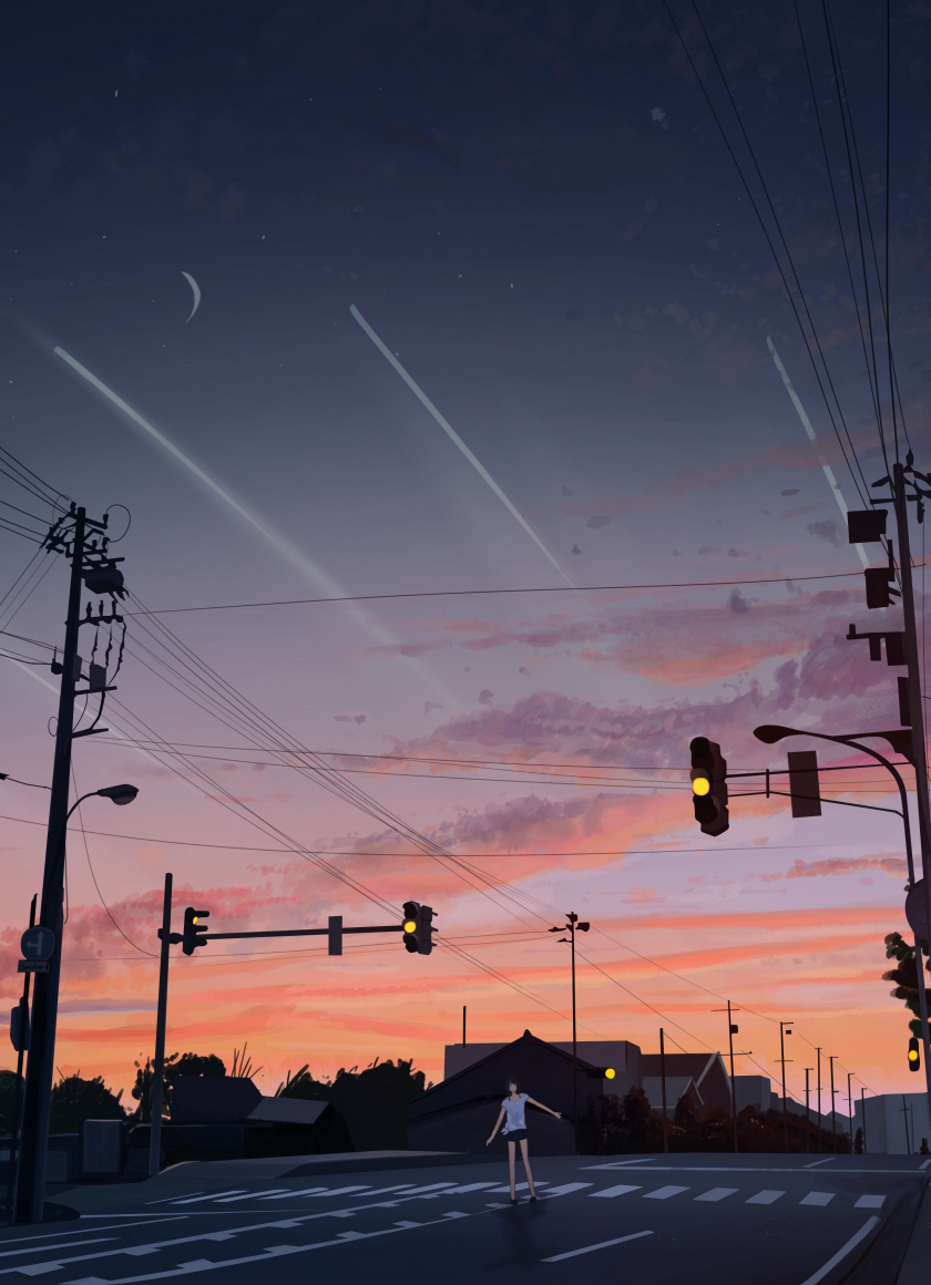 Download wallpaper 840x1160 sunset, street, original, anime girl, mood ...