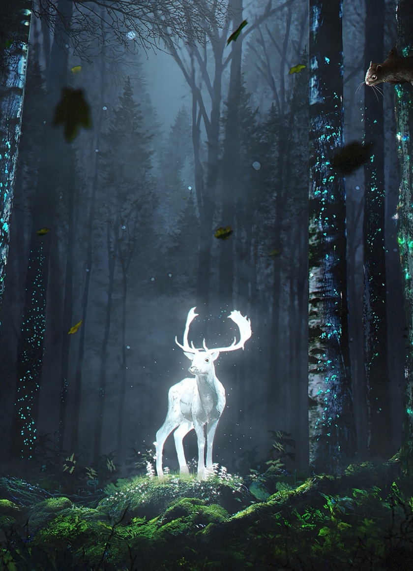 Forest, wild deer, glow, fantasy, art, 840x1160 wallpaper