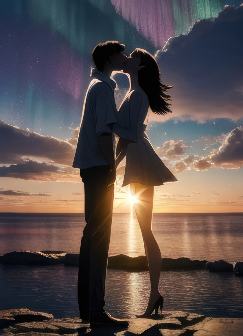 Couple's kiss, at the coast, sunset, art, 840x1160 wallpaper