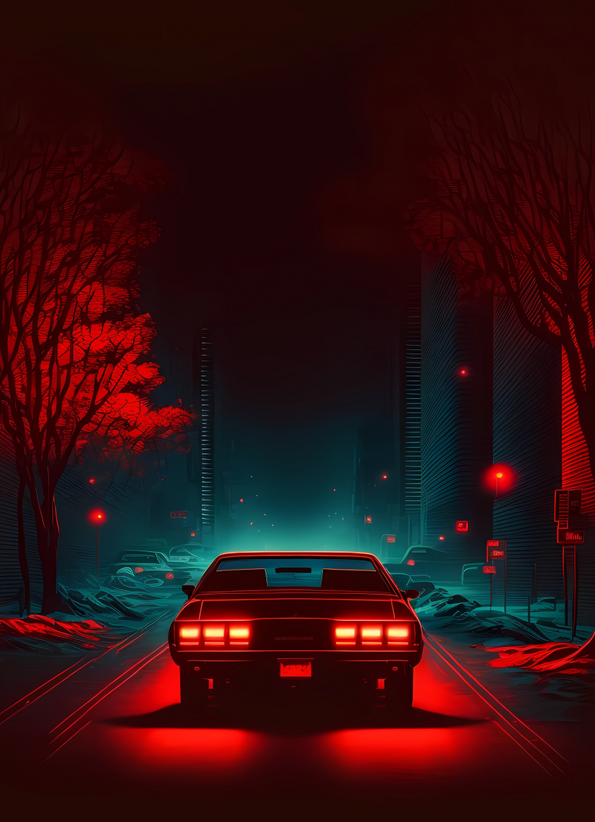 Red car on road, dark and minimal, digital art, 840x1160 wallpaper