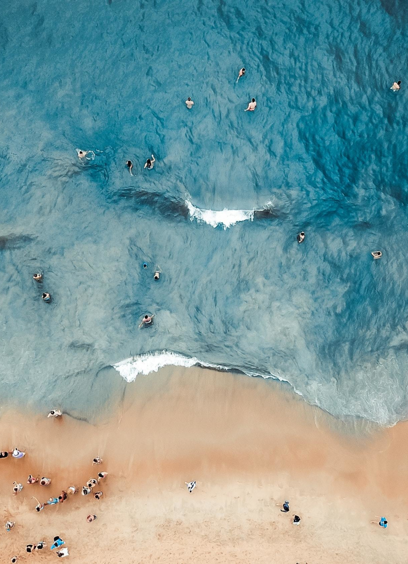 Download wallpaper 840x1160 beach, surfers, blue sea, aerial view ...