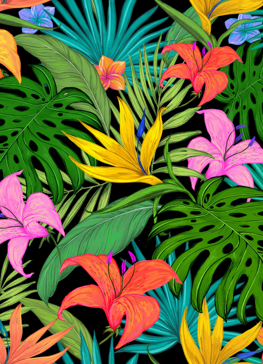 Pattern, tropical, flowers, leaves, 840x1160 wallpaper