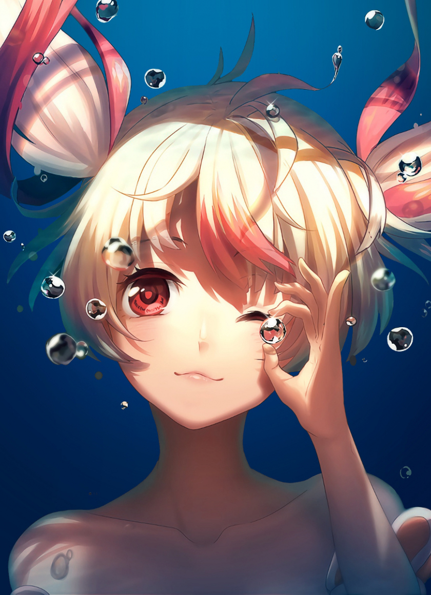 Download wallpaper 840x1160 bubble, underwater, cute, anime girl