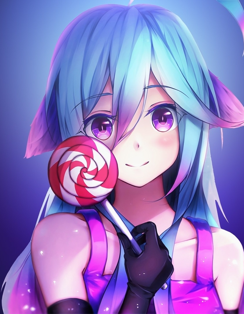 Anime girl with pink hair and pink eyes holding a heart lollipop on Craiyon