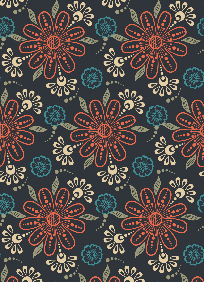 Download wallpaper 840x1160 pattern, floral, orange-blue flowers ...