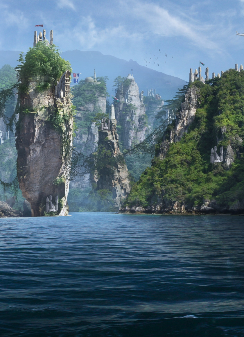 Forgotten islands, panorama, sea, cliffs, fantasy, 840x1160 wallpaper