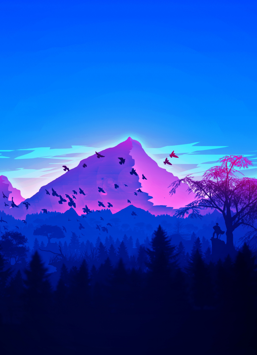 Download wallpaper 840x1160 mountain, peaks, birds, horizon, digital ...
