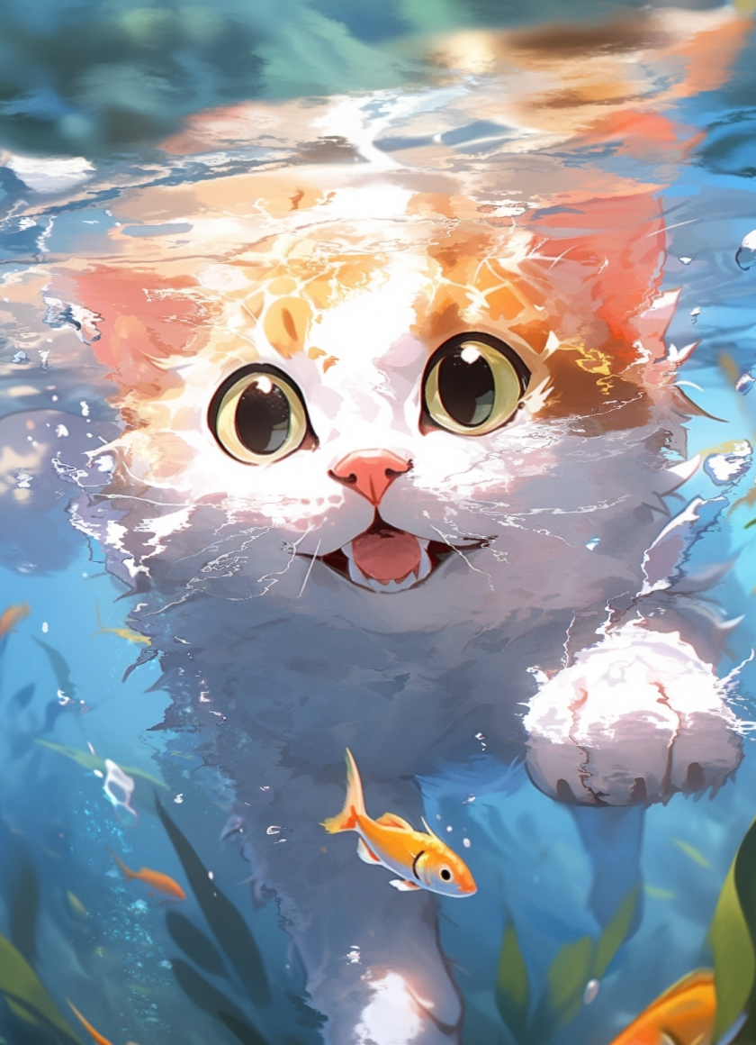 Cute kitten, swim underwater, art, 840x1160 wallpaper
