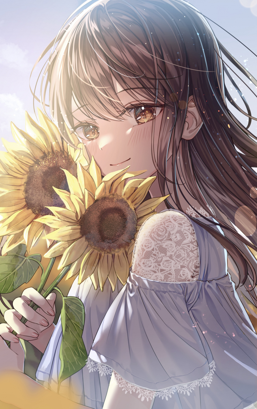 Sunflower and cute girl, anime, 840x1336 wallpaper