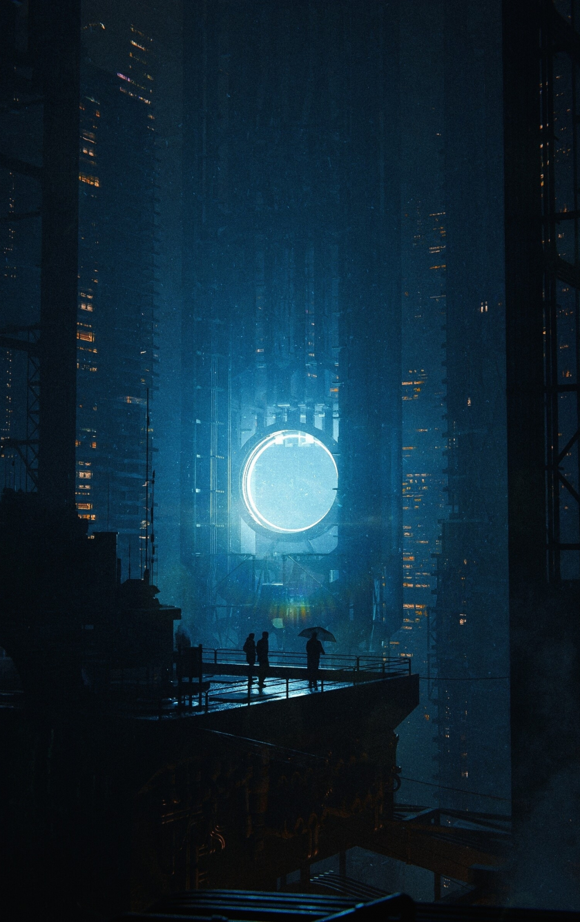 Tall buildings, glowing portal, cyberpunk, 840x1336 wallpaper