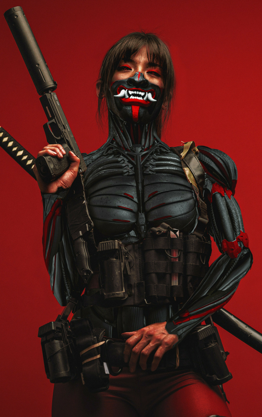 Cyberpunk ninja, with katana & gun, art, 840x1336 wallpaper