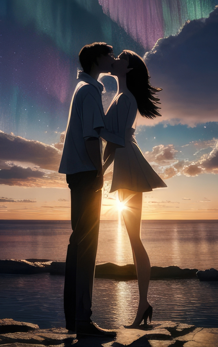 Couple's kiss, at the coast, sunset, art, 840x1336 wallpaper