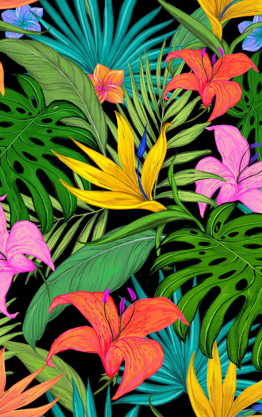 Pattern, tropical, flowers, leaves, 840x1336 wallpaper