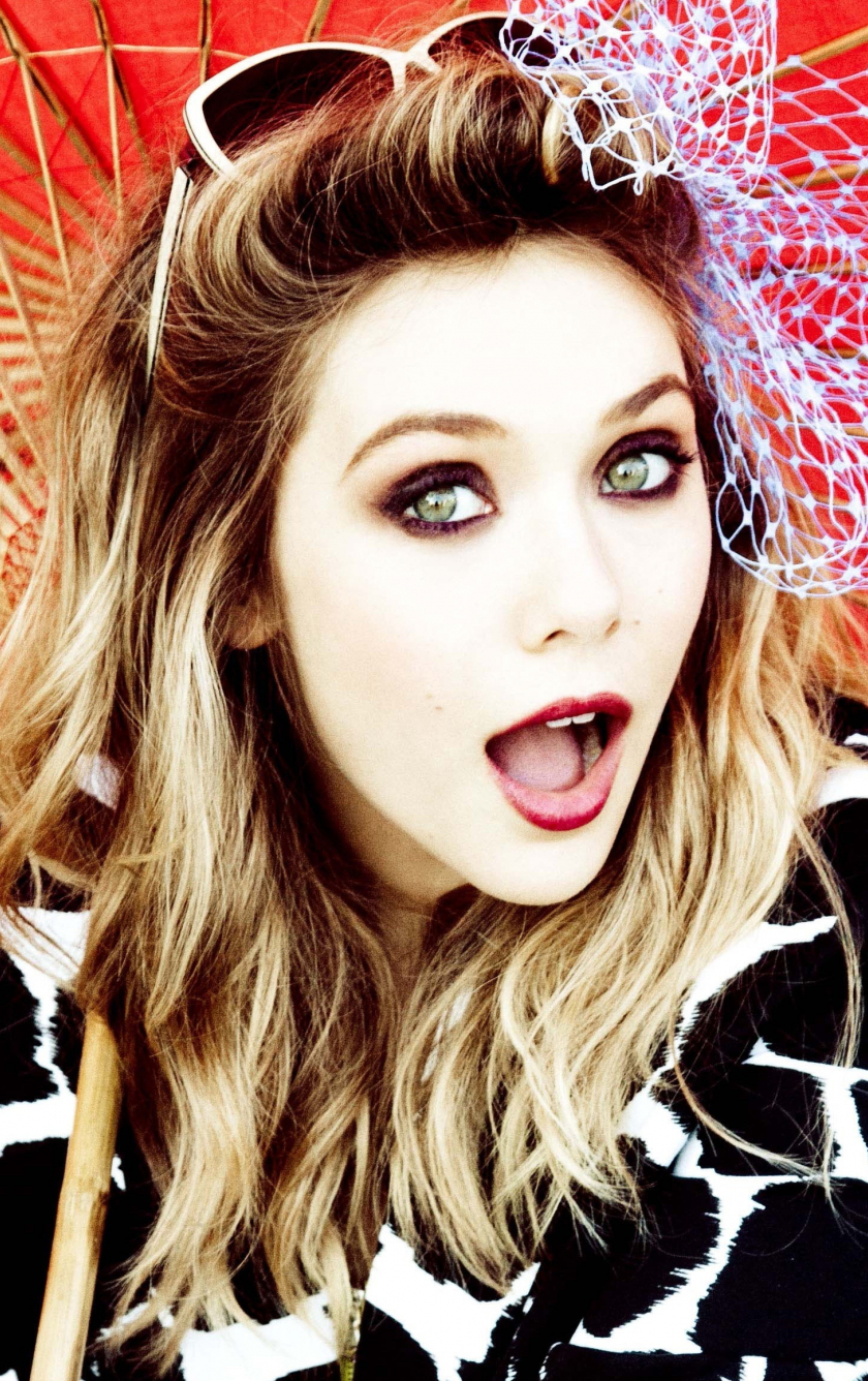 Download wallpaper 840x1336 elizabeth olsen, red umbrella, blonde ...