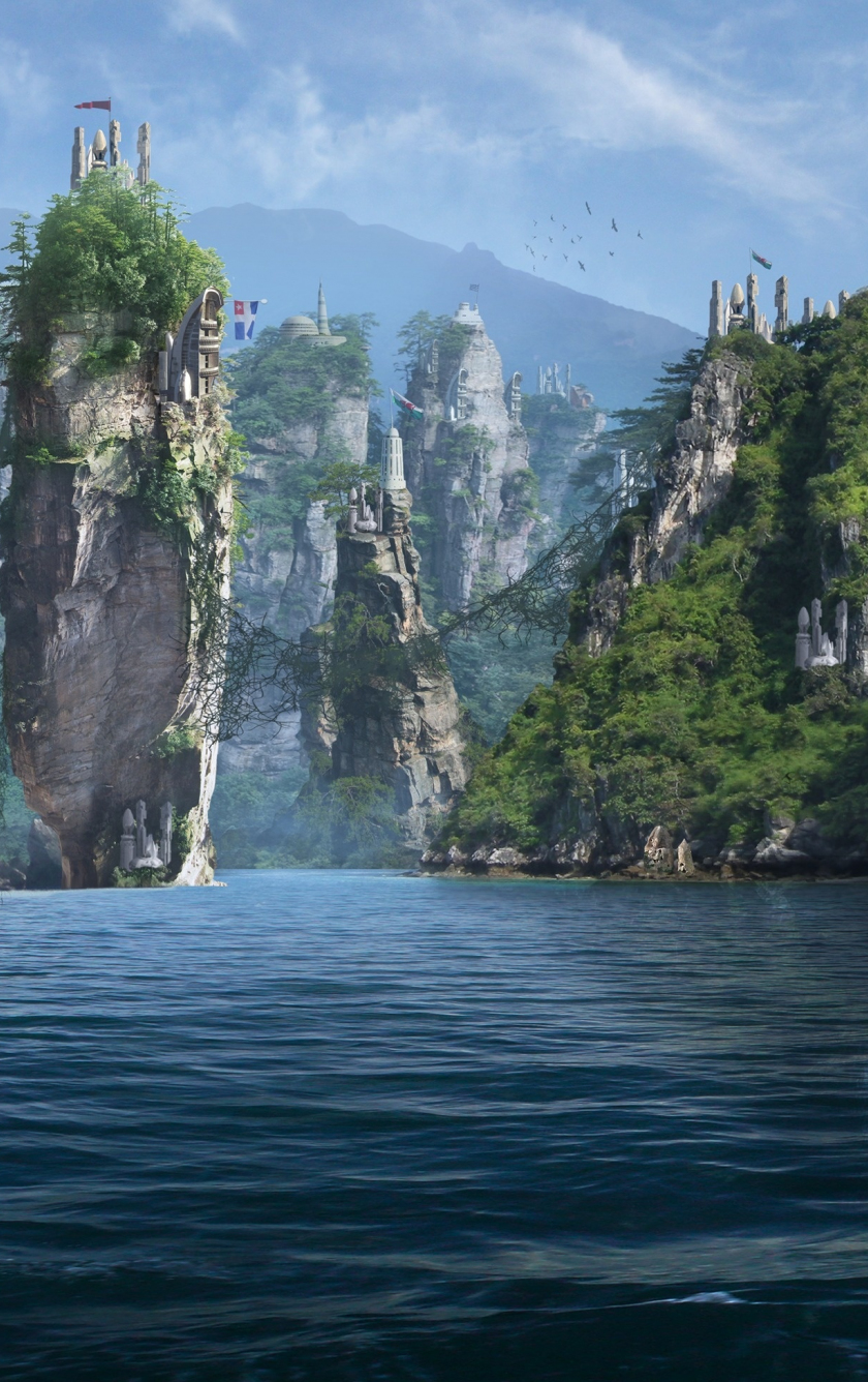 Forgotten islands, panorama, sea, cliffs, fantasy, 840x1336 wallpaper