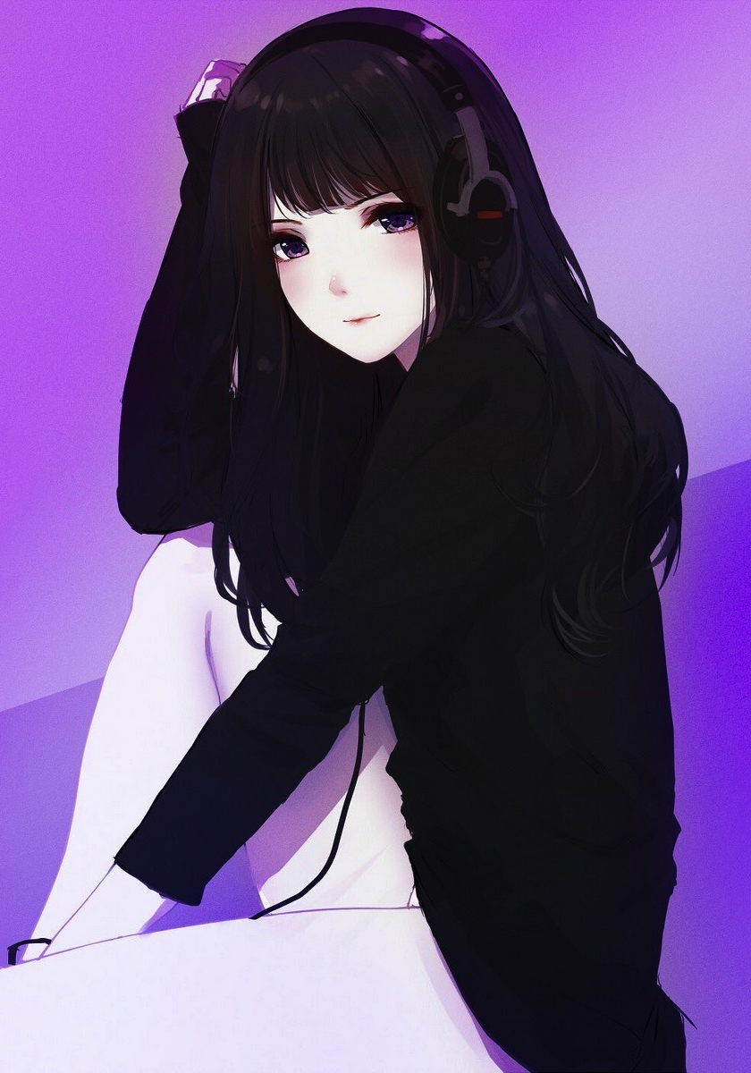 Download 840x1336 Wallpaper Headphone Cute Anime Girl Black