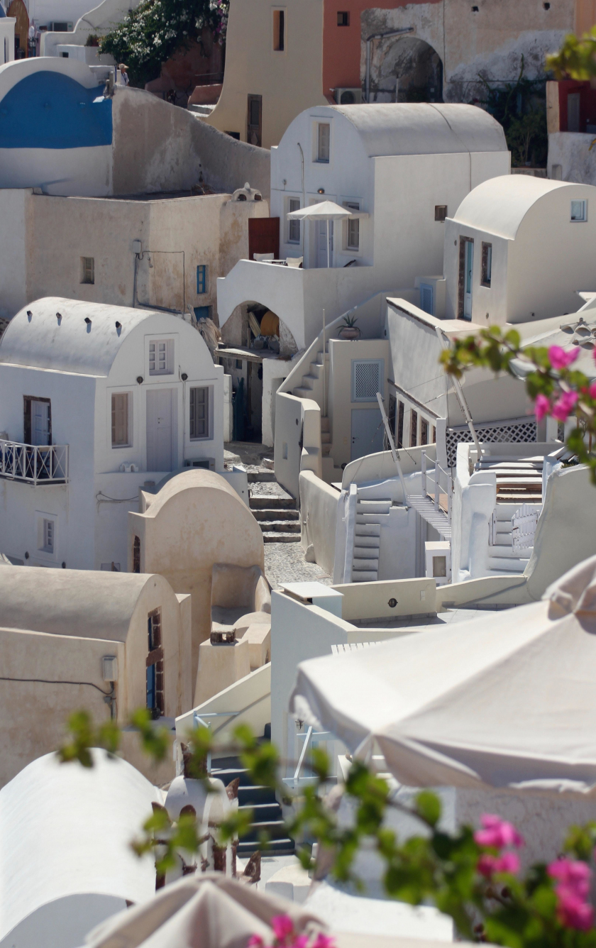 Download wallpaper 840x1336 santorini, houses, streets of city, iphone