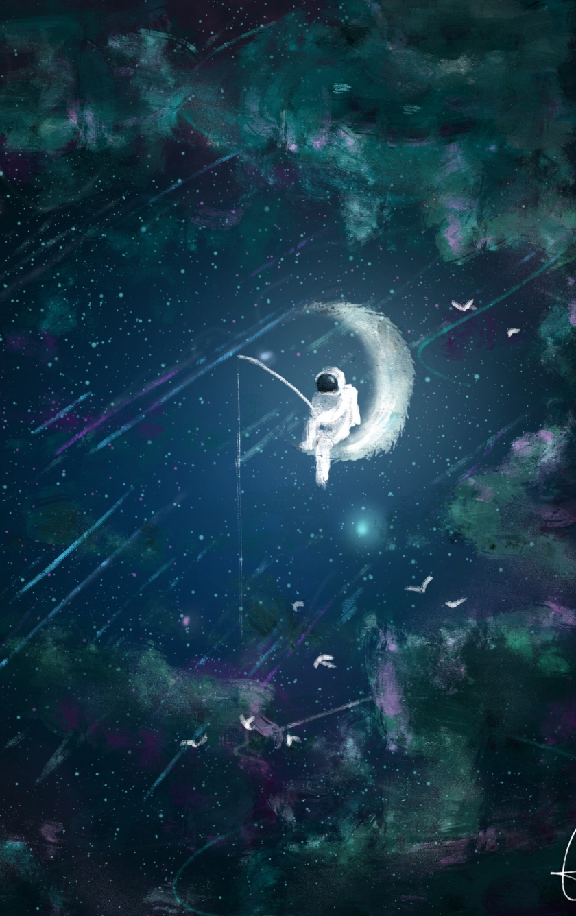 Download 840x1336 Wallpaper Artwork Astronaut Moon Fishing