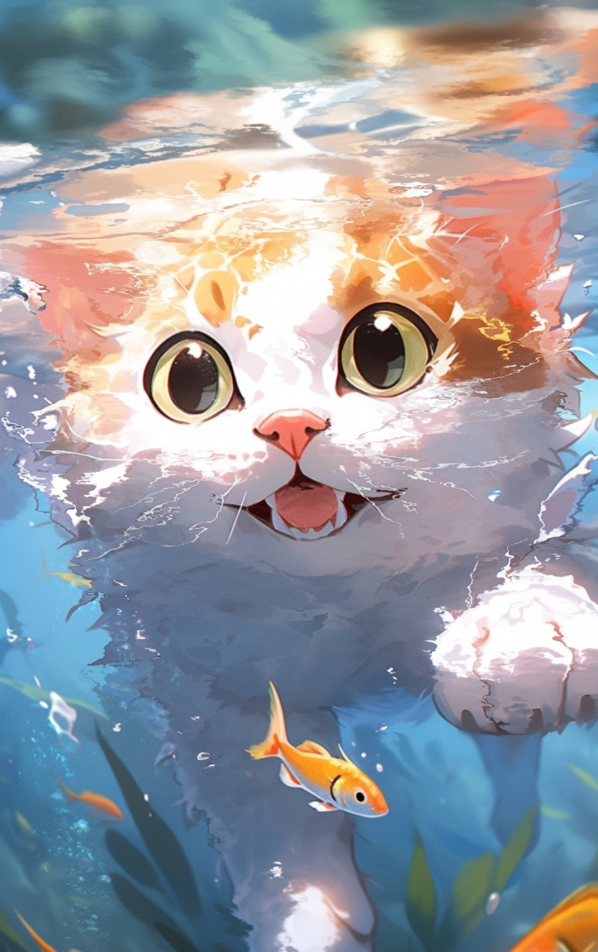 Cute kitten, swim underwater, art, 840x1336 wallpaper
