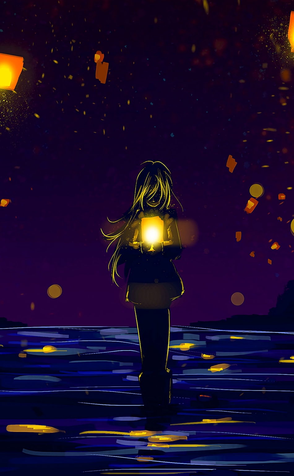 Download wallpaper 950x1534 anime girl, lanterns, silhouette, lonely, night  out, iphone, 950x1534 hd background, 15001