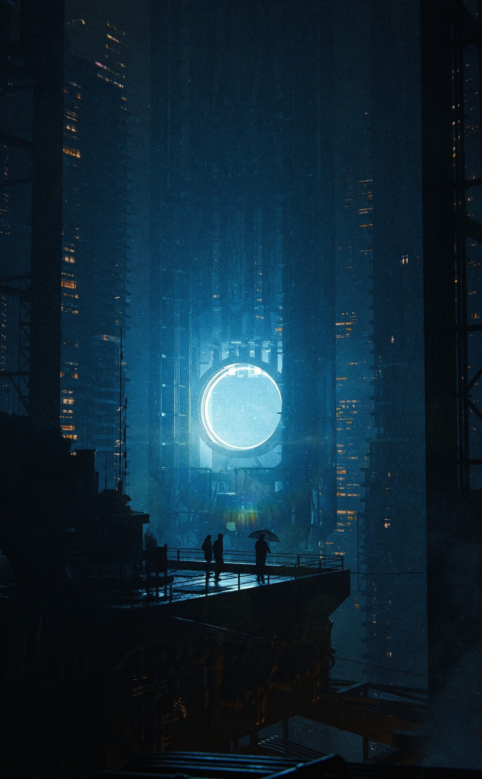 Tall buildings, glowing portal, cyberpunk, 950x1534 wallpaper